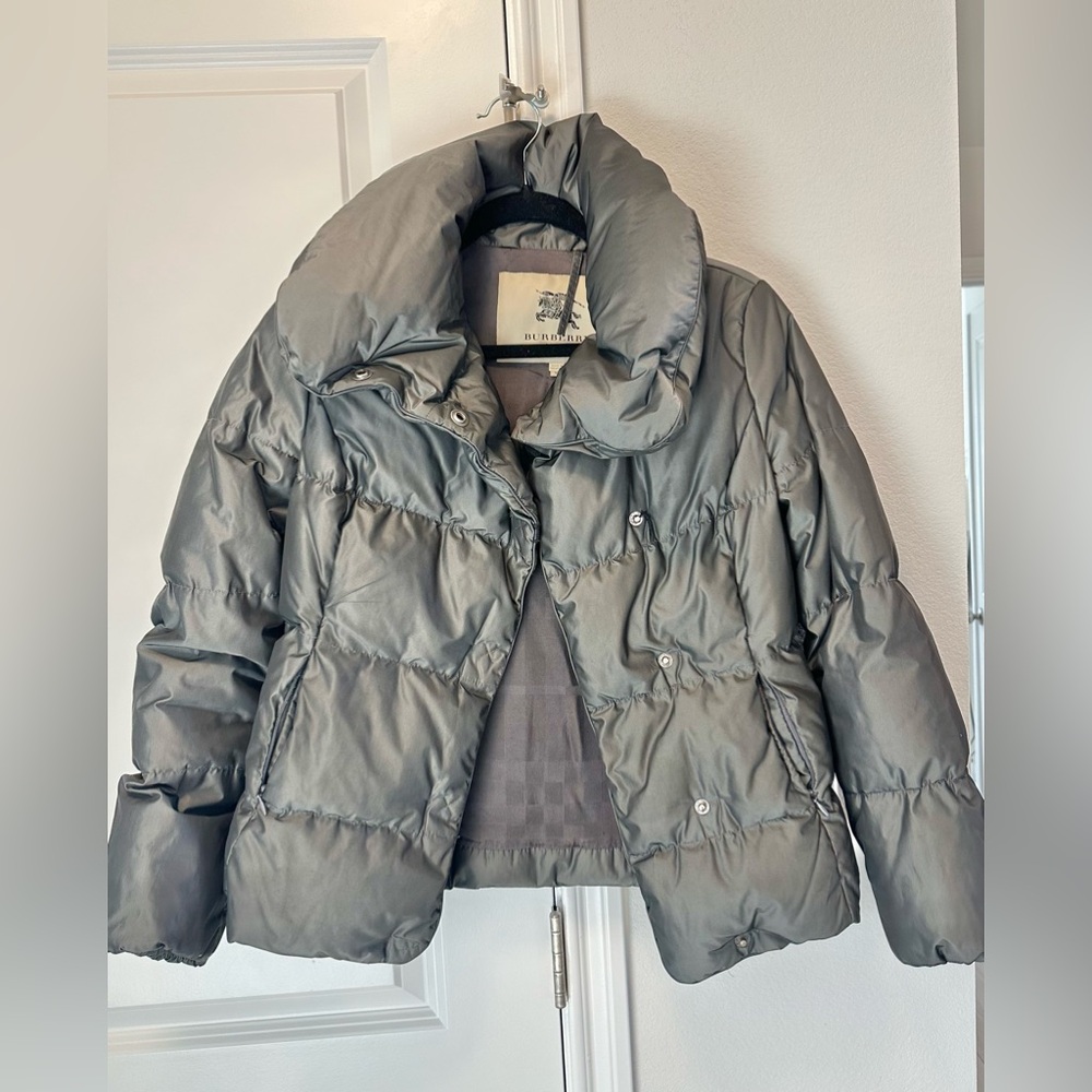 FIRM PRICE Auth BURBERRY Dark Gray Down Puffer oversized Jacket, XS